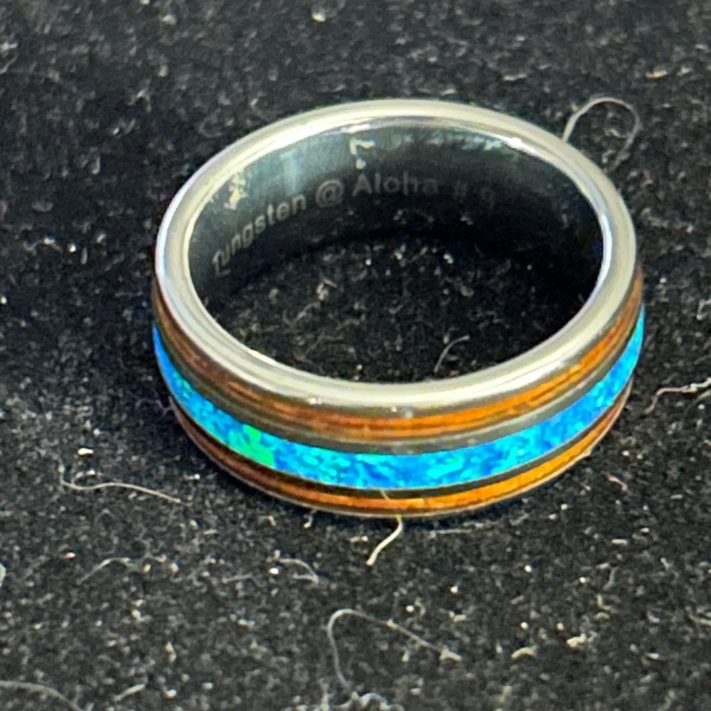 Tungsten Carbide inlaid Hawaiian Koa Wood With Opal Ring Size 9